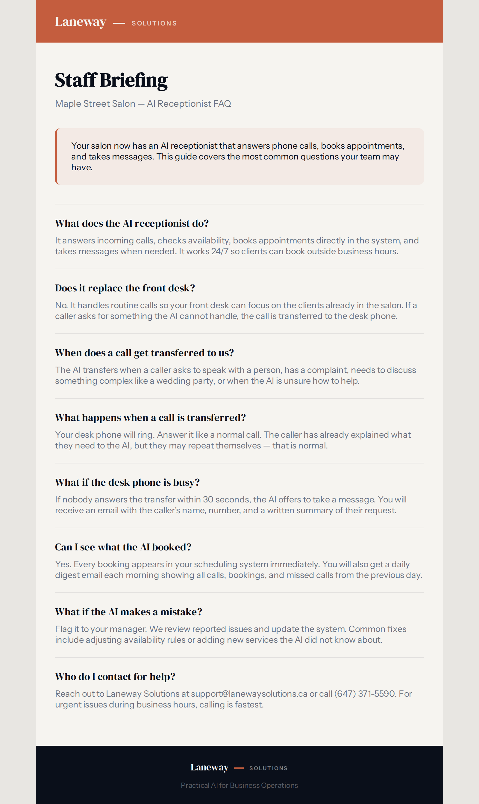 Staff briefing FAQ page for team onboarding