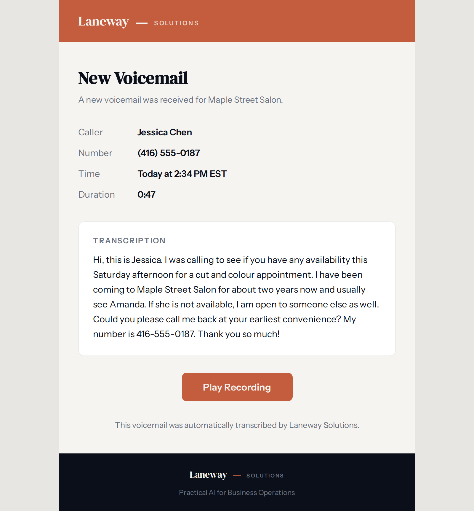 Voicemail alert email with transcription and audio playback link